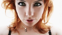 Woman white background green eyes redheads necklaces