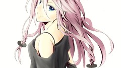 Woman white background grin skirts pink hair smiling long hair 