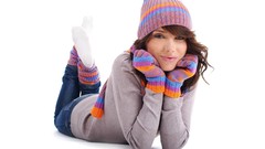 Woman white background hats gloves faces brunettes lying down
