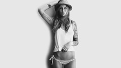 Woman white background hats tattoos freckles panties