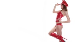 Woman white background latex ballet boots