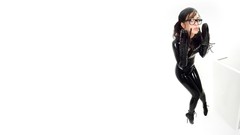 Woman white background latex standing girls with glasses 