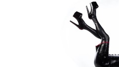 Woman white background latex stockings redheads high heels 