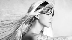 Woman white background monochrome blondes tattoos grayscale