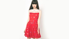 Woman white background red dress brunettes