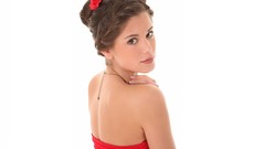 Woman white background red dress brunettes models flower in 