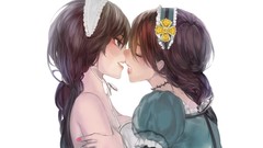 Woman white background Ribbons hugging kissing long hair gray 