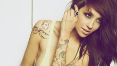 Woman white background rings asians tattoos brown eyes 