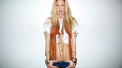 Woman white background Shorts screaming blondes bracelets 