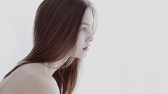 Woman white background shoulders brunettes pale skin