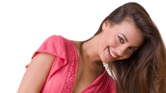 Woman white background smiling brown eyes brunettes models 