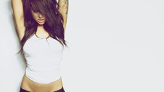 Woman white background tattoos brunettes alie layus arms raised