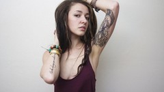 Woman white background tattoos brunettes piercings minimalistic 