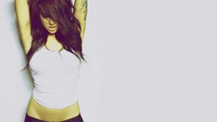 Woman white background tattoos closed eyes brunettes open mouth 