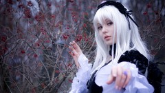 Woman white hair brown eyes white dress models cosplay pale skin