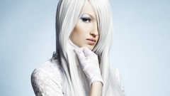Woman white hair faces platinum blonde
