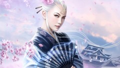 Woman white hair fans cherry blossoms flower in hair artwork 