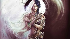 Woman white hair long hair bra black hair