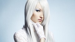 Woman white hair models white gloves
