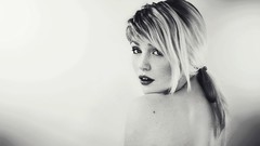 Woman white hair monochrome freckles devon jade upscaled