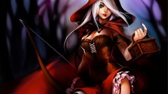 Woman white hair red eyes stockings corset cleavage League of 