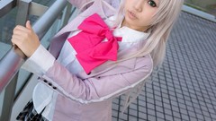 Woman white hair schoolgirls bows asians skirts long hair 