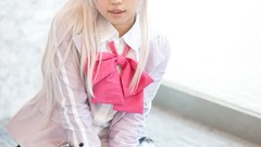 Woman white hair schoolgirls bows asians skirts long hair green 