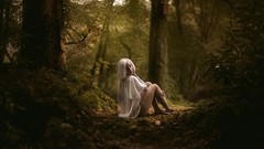 Woman white hair sitting forests
