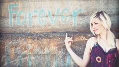 Woman white hair smiling models cleavage pointing HDR 