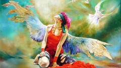Woman wings angels pink hair short hair artwork torn clothing 