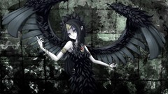Woman wings anime girls black hair aqua eyes