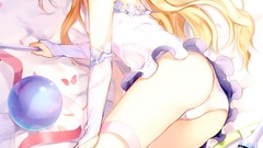 Woman wings blondes long hair anime girls blue eyes lying down 