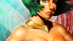 Woman wings blue eyes short hair green hair cleavage artwork 