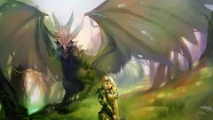 Woman wings Dragons armor white hair Swords artwork fantasy art