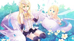 Woman wings Dragons Ribbons fans blondes skirts long hair anime 