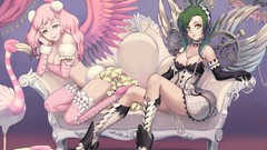 Woman wings dress stockings couch pink hair anime girls green 