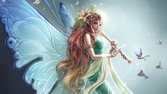 Woman wings Fairies dress blondes flute artwork fantasy art
