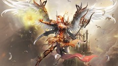 Woman wings feathers armor flying angels cleavage artwork 