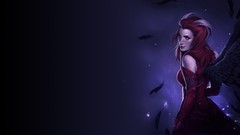 Woman wings feathers long hair yellow eyes redheads fantasy art