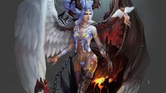 Woman wings horns chains angels blue hair demons artwork 