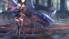 Woman wings red eyes gloves elbows anime girls black hair