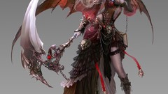 Woman wings vampire red eyes stockings scythe cleavage artwork 
