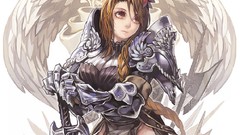 Woman wings white background Warriors Swords long hair artwork