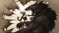 Woman Wolves Vampires Fighting creatures werewolves artwork 