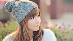 Woman wool asians long hair brown eyes brunettes bangs models 