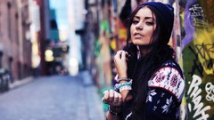 Woman wool brunettes models pierced nose nordic pattern 