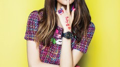 Woman yellow background asians long hair brunettes bangs Korean 