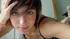 Woman young faces green eyes brunettes freckles piercings bra 