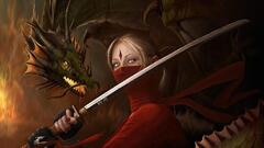 Women dragon fantasy art sword mask fantasy girl creature Katana