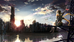 Women gun apocalyptic Anime anime girls artwork City reflection